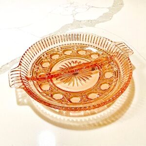 Vintage Indiana Concord Pink Pressed Glass Divided Dish With Handles